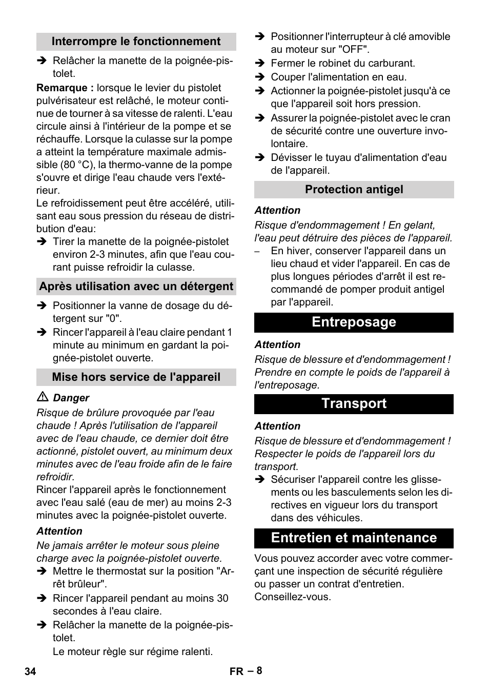 Entreposage transport entretien et maintenance | Karcher HDS 801 B User Manual | Page 34 / 340