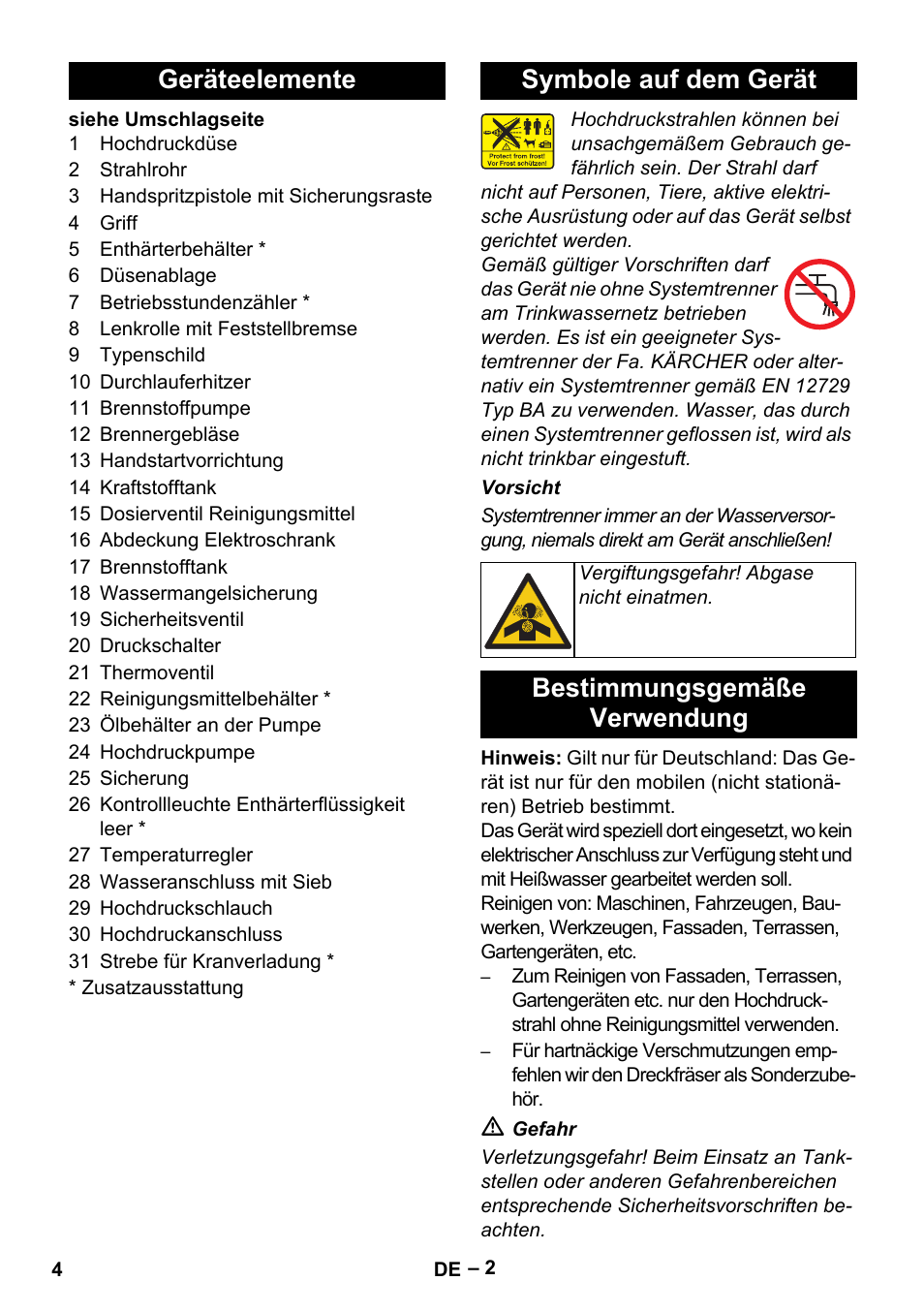 Geräteelemente symbole auf dem gerät, Bestimmungsgemäße verwendung | Karcher HDS 801 B User Manual | Page 4 / 340