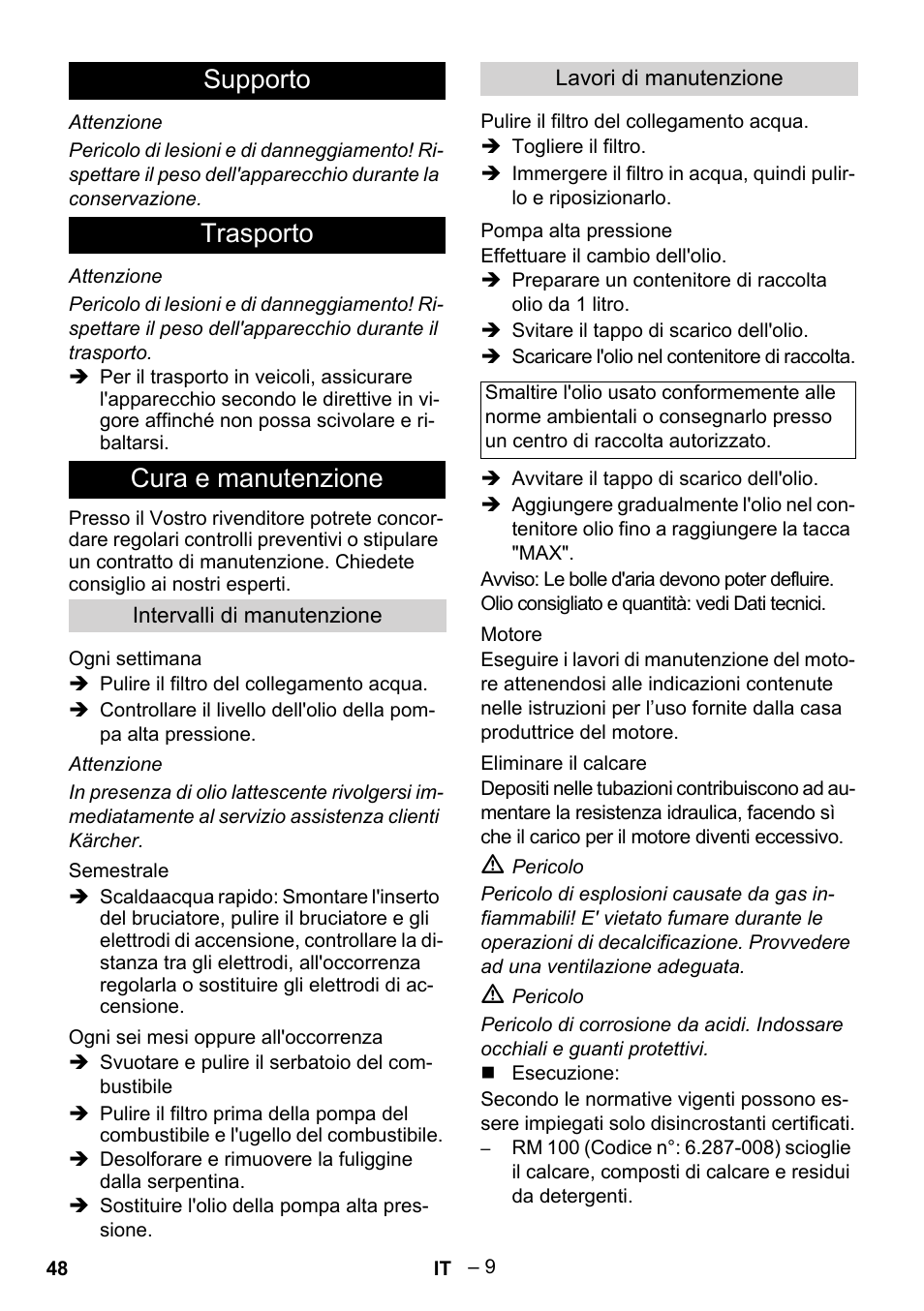 Supporto trasporto cura e manutenzione | Karcher HDS 801 B User Manual | Page 48 / 340