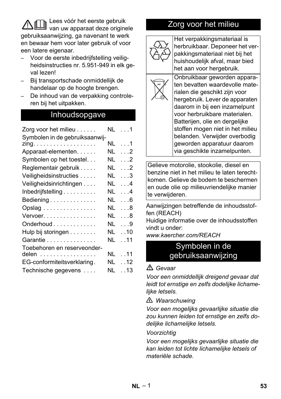 Nederlands, Inhoudsopgave, Zorg voor het milieu | Symbolen in de gebruiksaanwijzing | Karcher HDS 801 B User Manual | Page 53 / 340