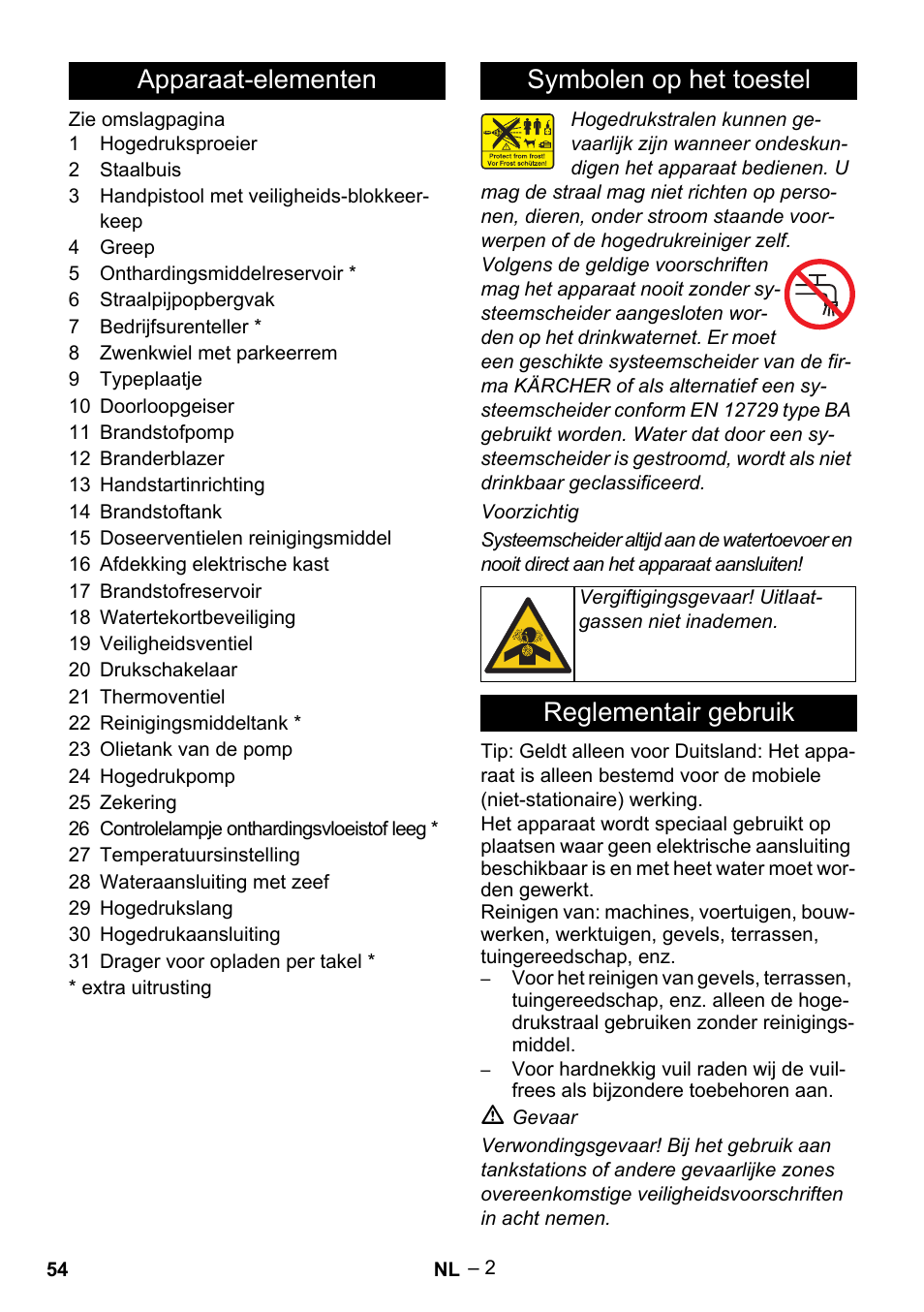 Apparaat-elementen symbolen op het toestel, Reglementair gebruik | Karcher HDS 801 B User Manual | Page 54 / 340