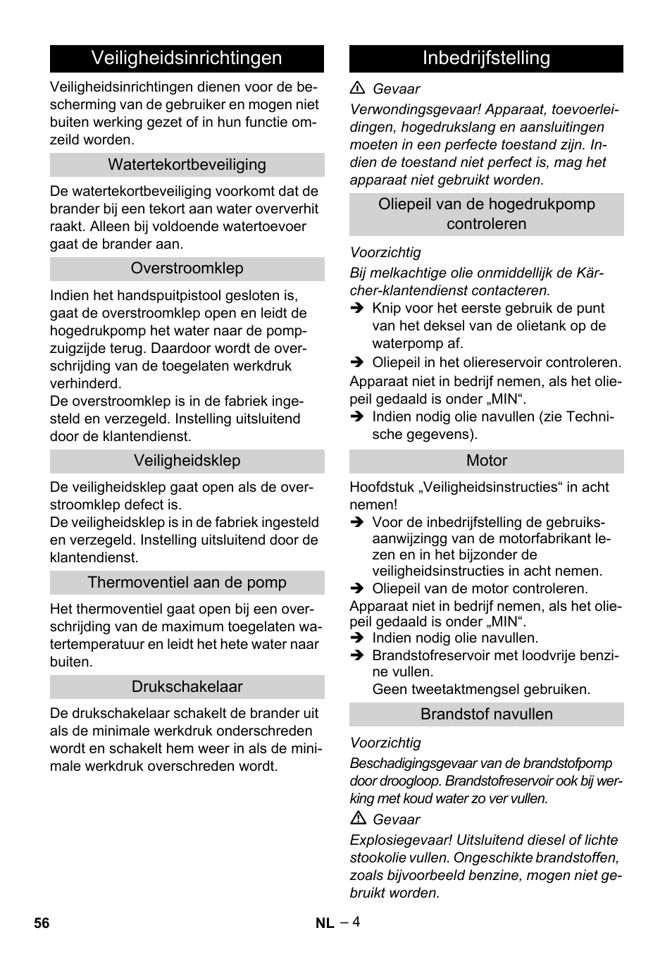 Veiligheidsinrichtingen, Inbedrijfstelling | Karcher HDS 801 B User Manual | Page 56 / 340