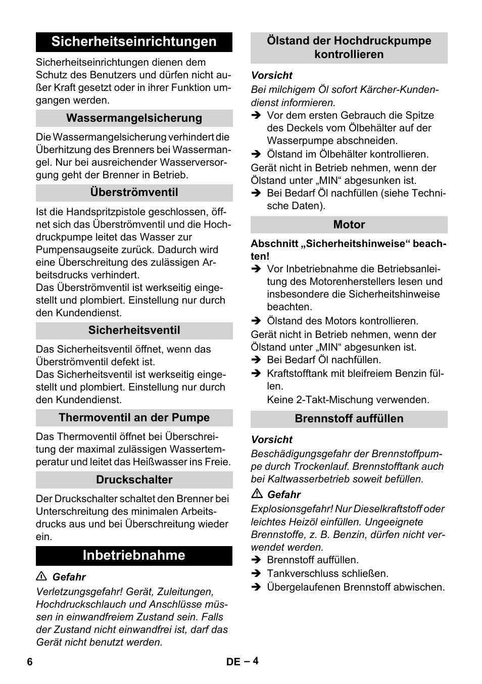 Sicherheitseinrichtungen, Inbetriebnahme | Karcher HDS 801 B User Manual | Page 6 / 340