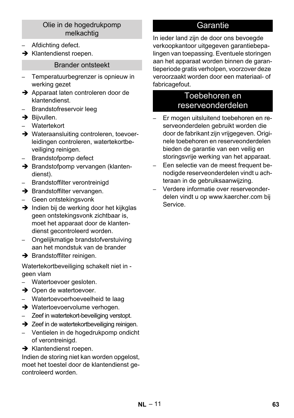 Garantie toebehoren en reserveonderdelen | Karcher HDS 801 B User Manual | Page 63 / 340