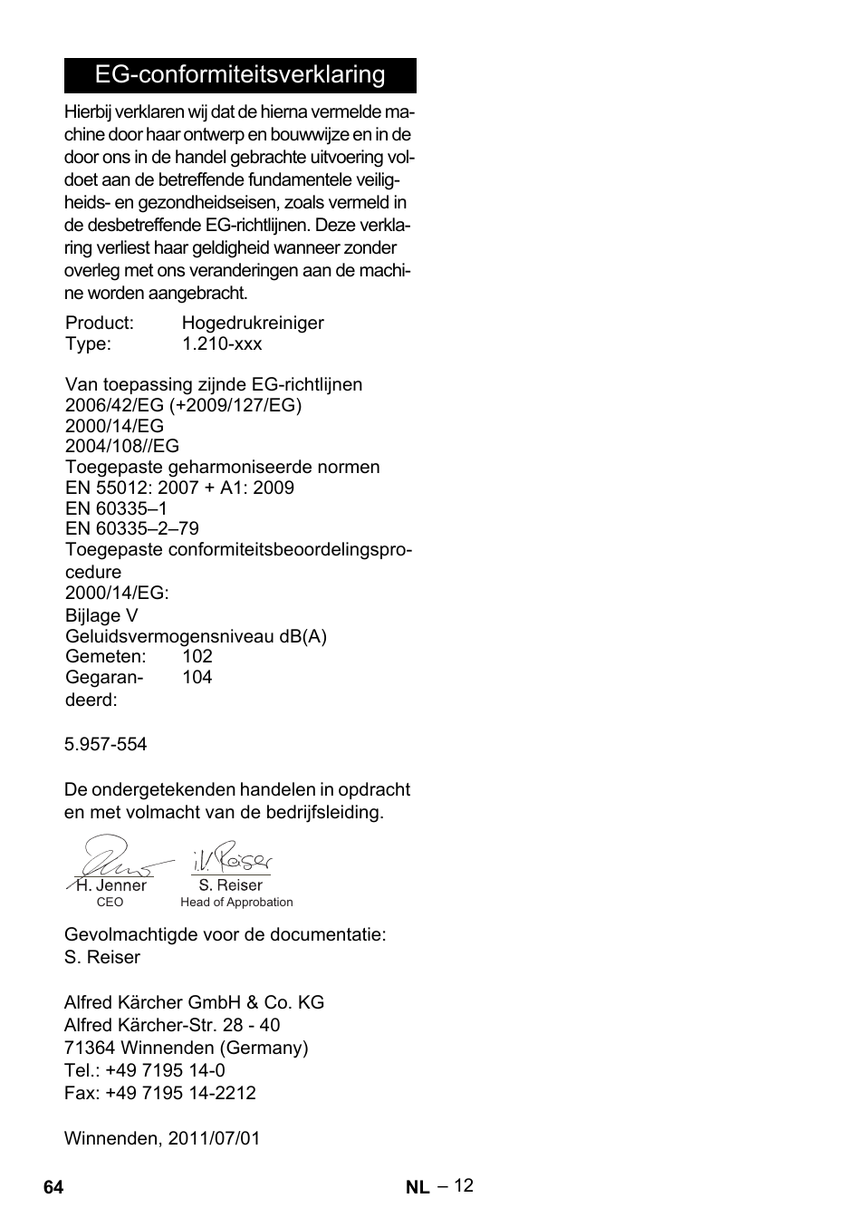 Eg-conformiteitsverklaring | Karcher HDS 801 B User Manual | Page 64 / 340