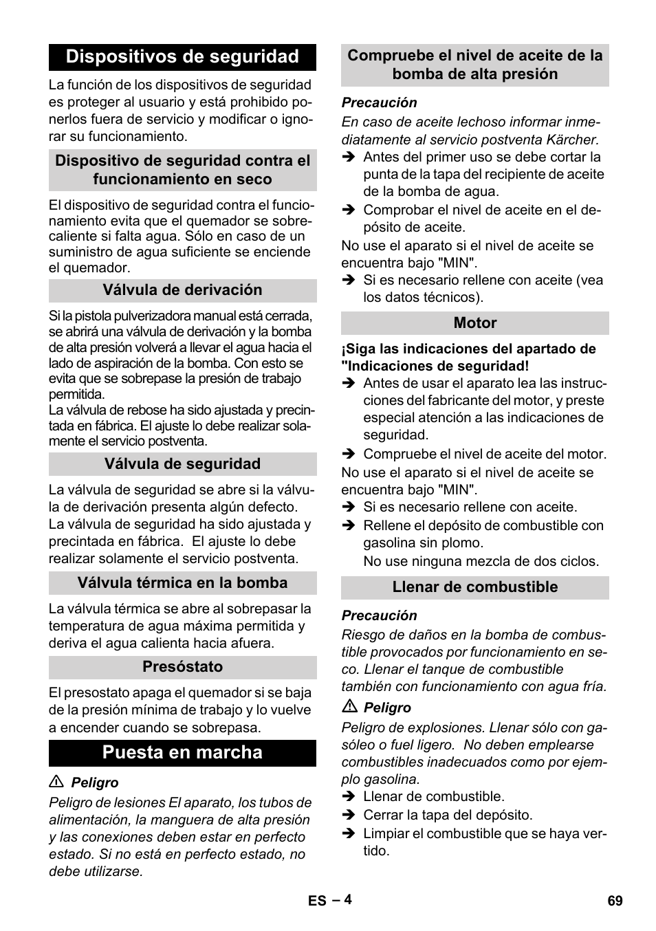 Dispositivos de seguridad, Puesta en marcha | Karcher HDS 801 B User Manual | Page 69 / 340