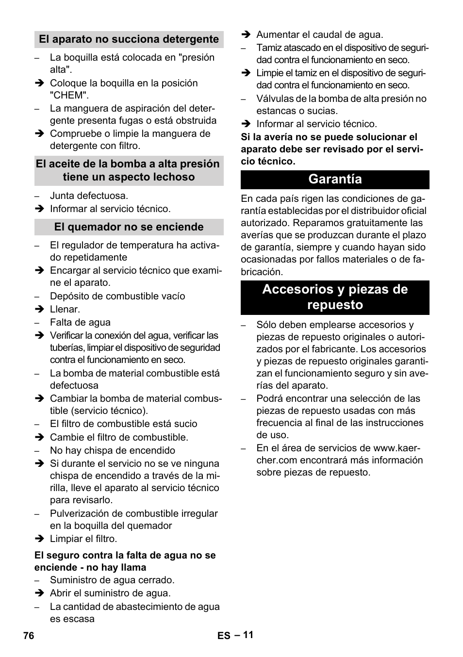 Garantía accesorios y piezas de repuesto | Karcher HDS 801 B User Manual | Page 76 / 340