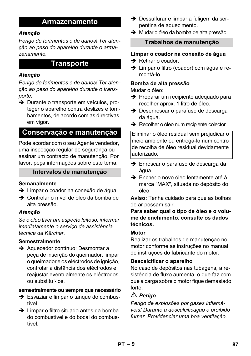 Armazenamento transporte conservação e manutenção | Karcher HDS 801 B User Manual | Page 87 / 340