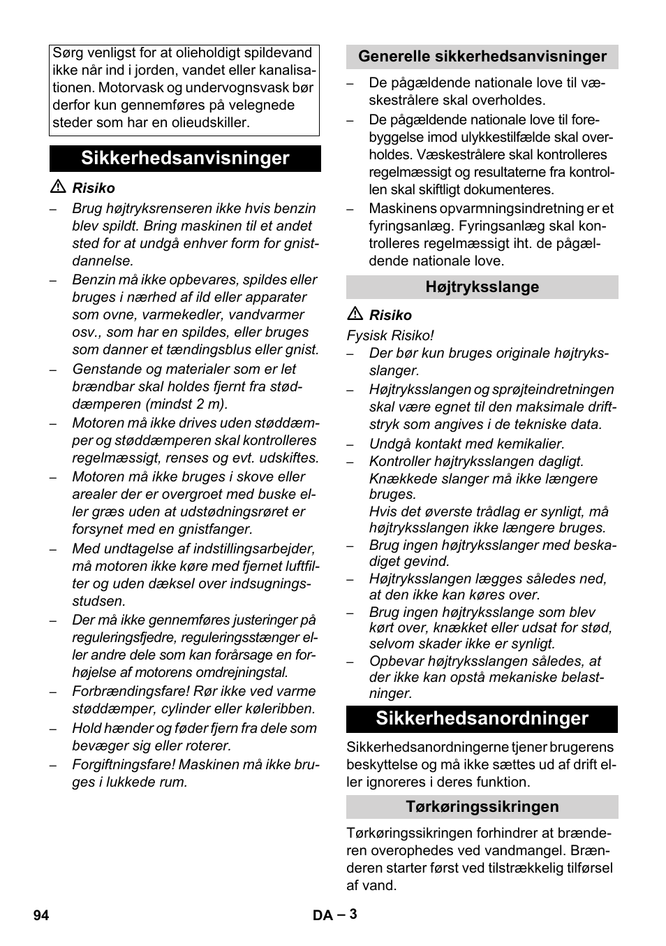 Sikkerhedsanvisninger, Sikkerhedsanordninger | Karcher HDS 801 B User Manual | Page 94 / 340