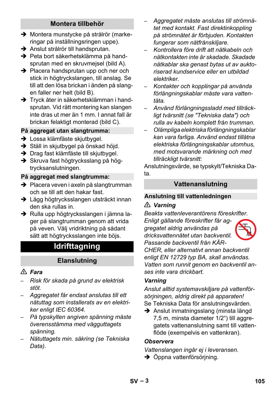 Idrifttagning | Karcher HD 6-13 C User Manual | Page 105 / 332