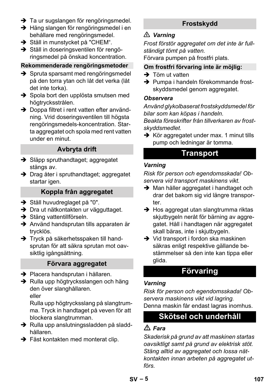 Transport förvaring skötsel och underhåll | Karcher HD 6-13 C User Manual | Page 107 / 332