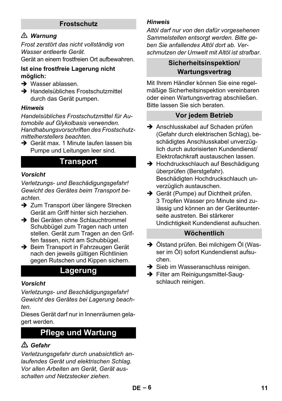 Transport lagerung pflege und wartung | Karcher HD 6-13 C User Manual | Page 11 / 332