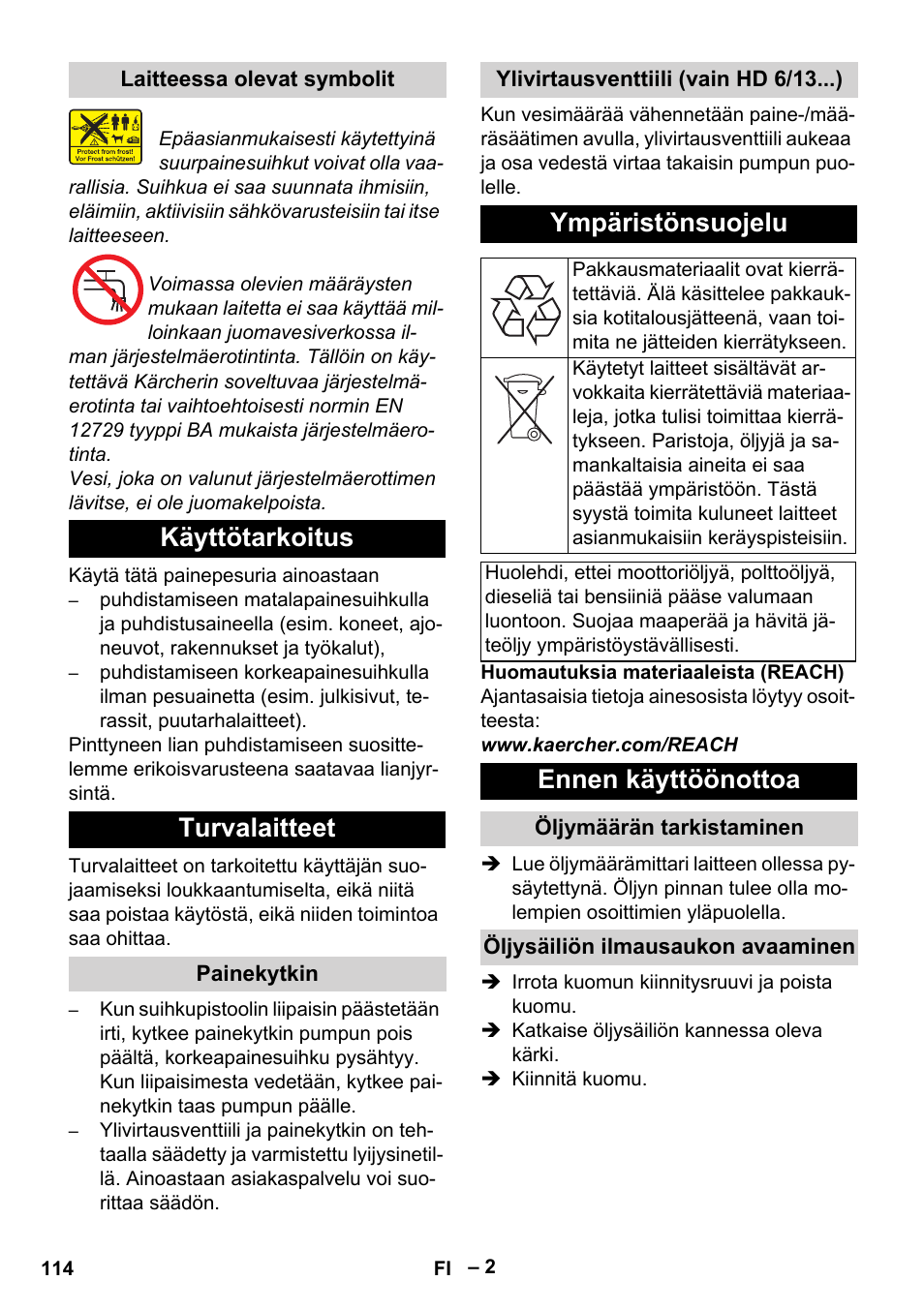 Käyttötarkoitus turvalaitteet, Ympäristönsuojelu, Ennen käyttöönottoa | Karcher HD 6-13 C User Manual | Page 114 / 332