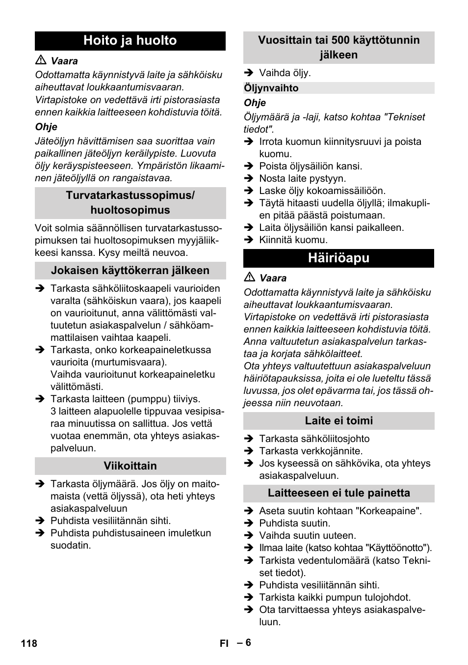 Hoito ja huolto, Häiriöapu | Karcher HD 6-13 C User Manual | Page 118 / 332