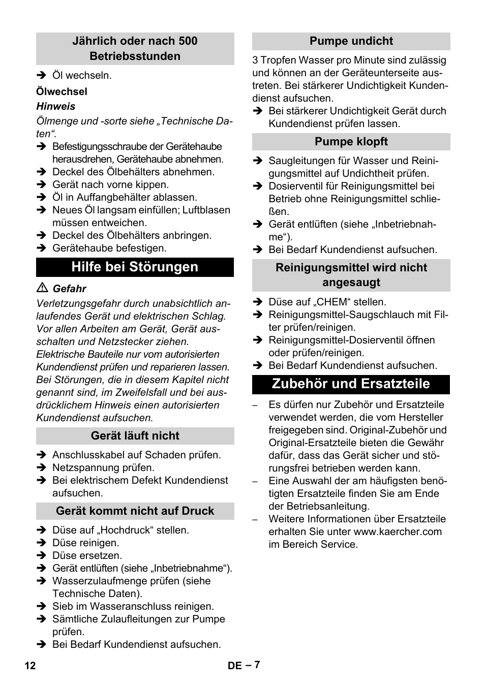 Hilfe bei störungen, Zubehör und ersatzteile | Karcher HD 6-13 C User Manual | Page 12 / 332