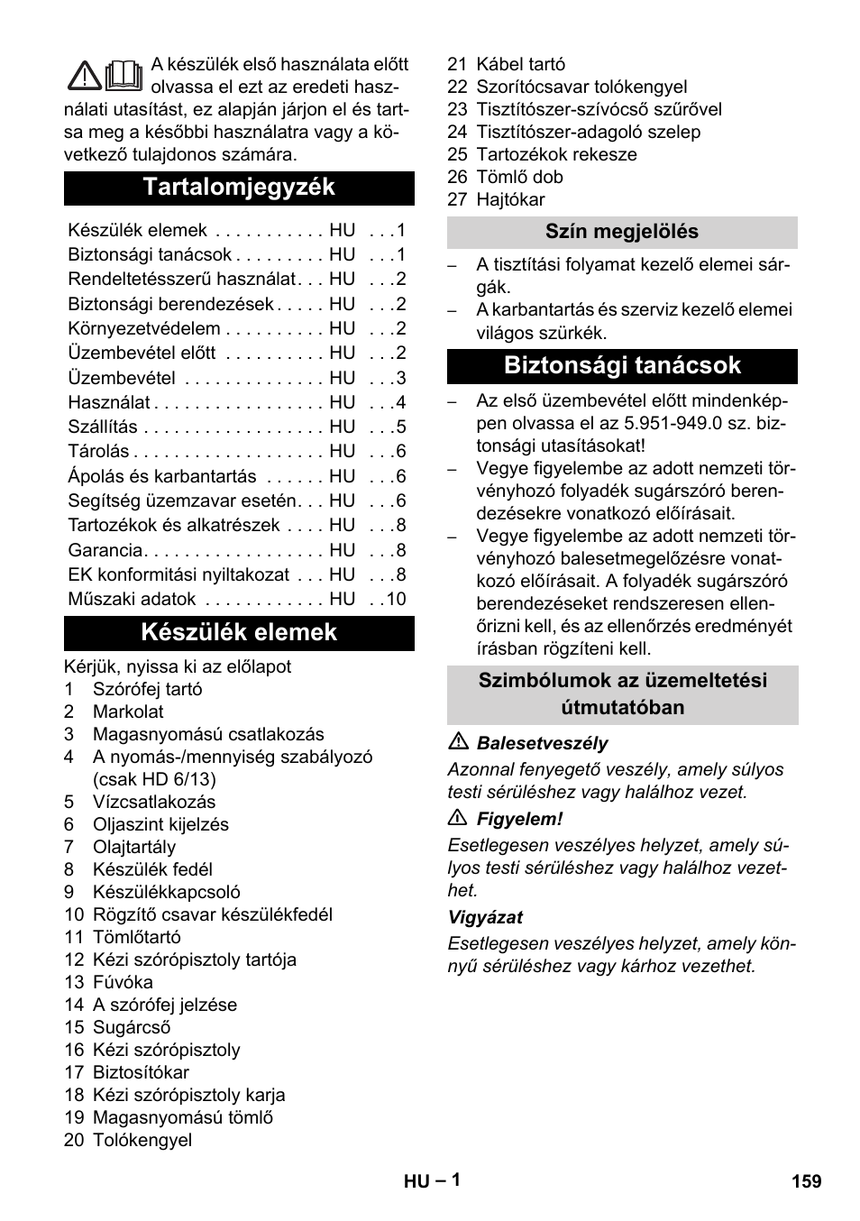 Magyar, Tartalomjegyzék, Készülék elemek | Biztonsági tanácsok | Karcher HD 6-13 C User Manual | Page 159 / 332