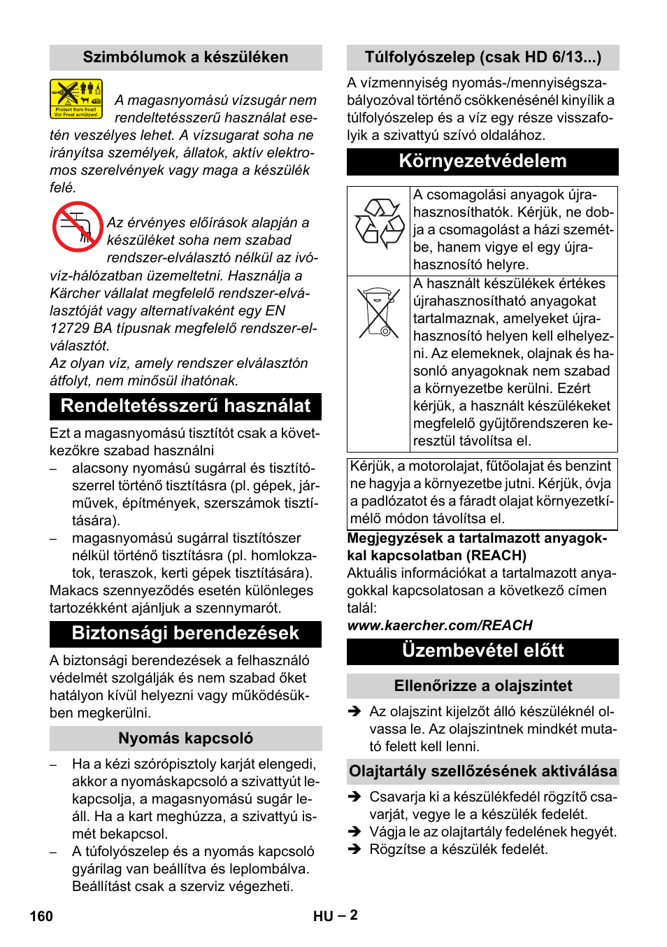 Rendeltetésszerű használat biztonsági berendezések, Környezetvédelem, Üzembevétel előtt | Karcher HD 6-13 C User Manual | Page 160 / 332