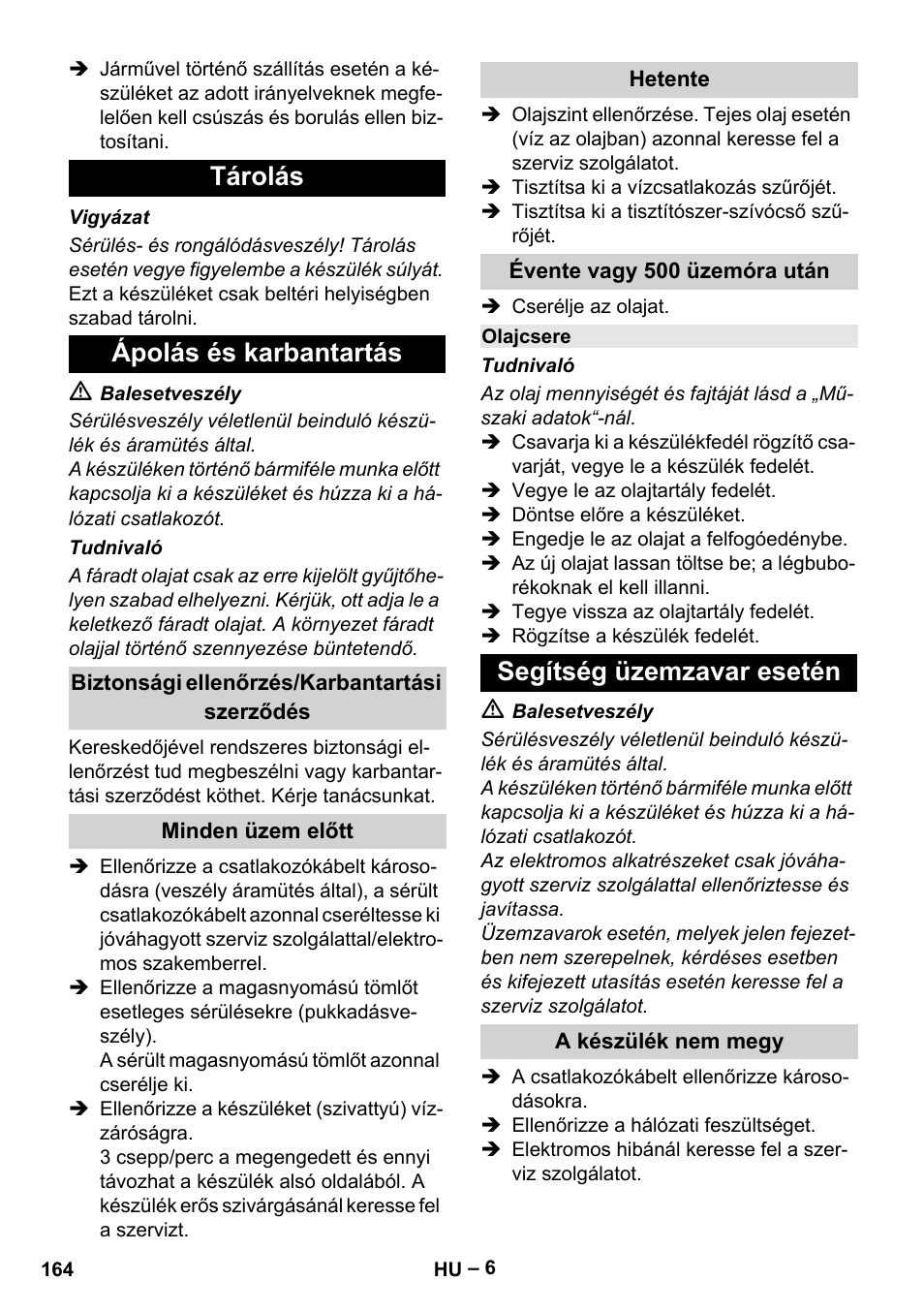 Tárolás ápolás és karbantartás, Segítség üzemzavar esetén | Karcher HD 6-13 C User Manual | Page 164 / 332