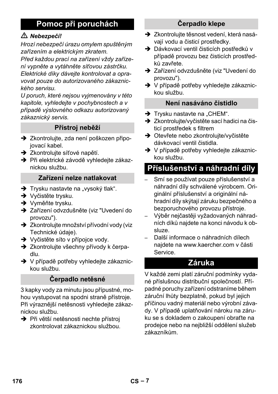 Pomoc při poruchách, Příslušenství a náhradní díly záruka | Karcher HD 6-13 C User Manual | Page 176 / 332