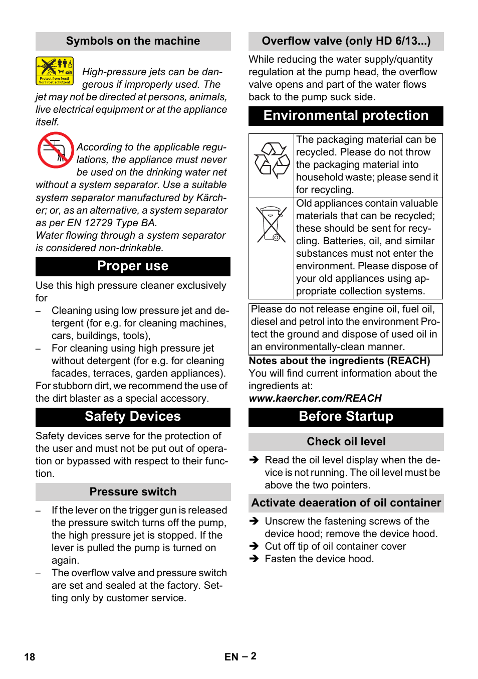 Proper use safety devices, Environmental protection, Before startup | Karcher HD 6-13 C User Manual | Page 18 / 332