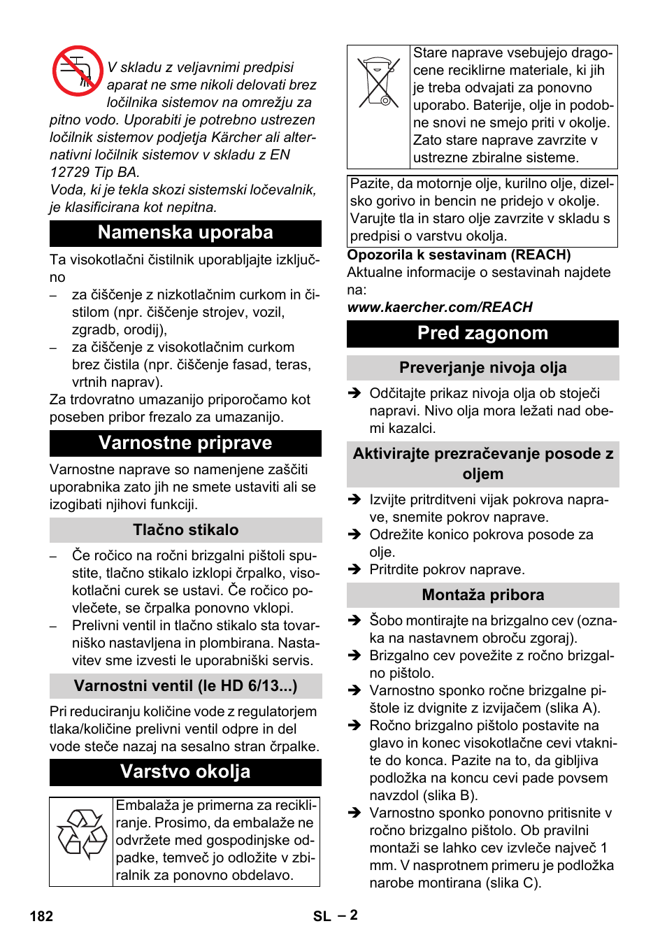 Namenska uporaba varnostne priprave, Varstvo okolja, Pred zagonom | Karcher HD 6-13 C User Manual | Page 182 / 332