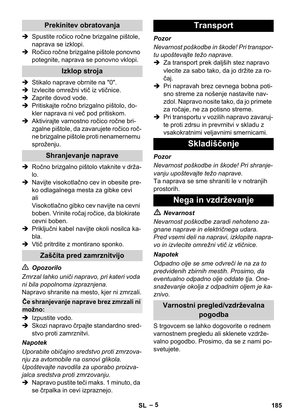 Transport skladiščenje nega in vzdrževanje | Karcher HD 6-13 C User Manual | Page 185 / 332