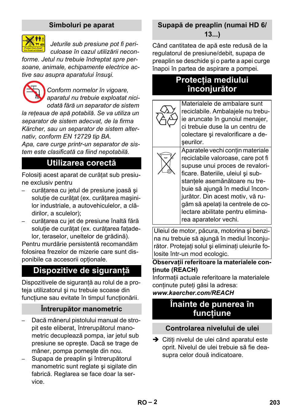 Utilizarea corectă dispozitive de siguranţă, Protecţia mediului înconjurător, Înainte de punerea în funcţiune | Karcher HD 6-13 C User Manual | Page 203 / 332