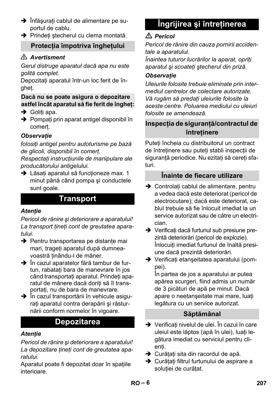 Transport depozitarea îngrijirea şi întreţinerea | Karcher HD 6-13 C User Manual | Page 207 / 332