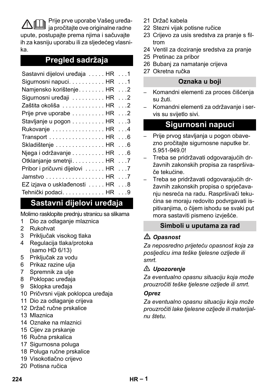 Hrvatski, Pregled sadržaja, Sastavni dijelovi uređaja | Sigurnosni napuci | Karcher HD 6-13 C User Manual | Page 224 / 332