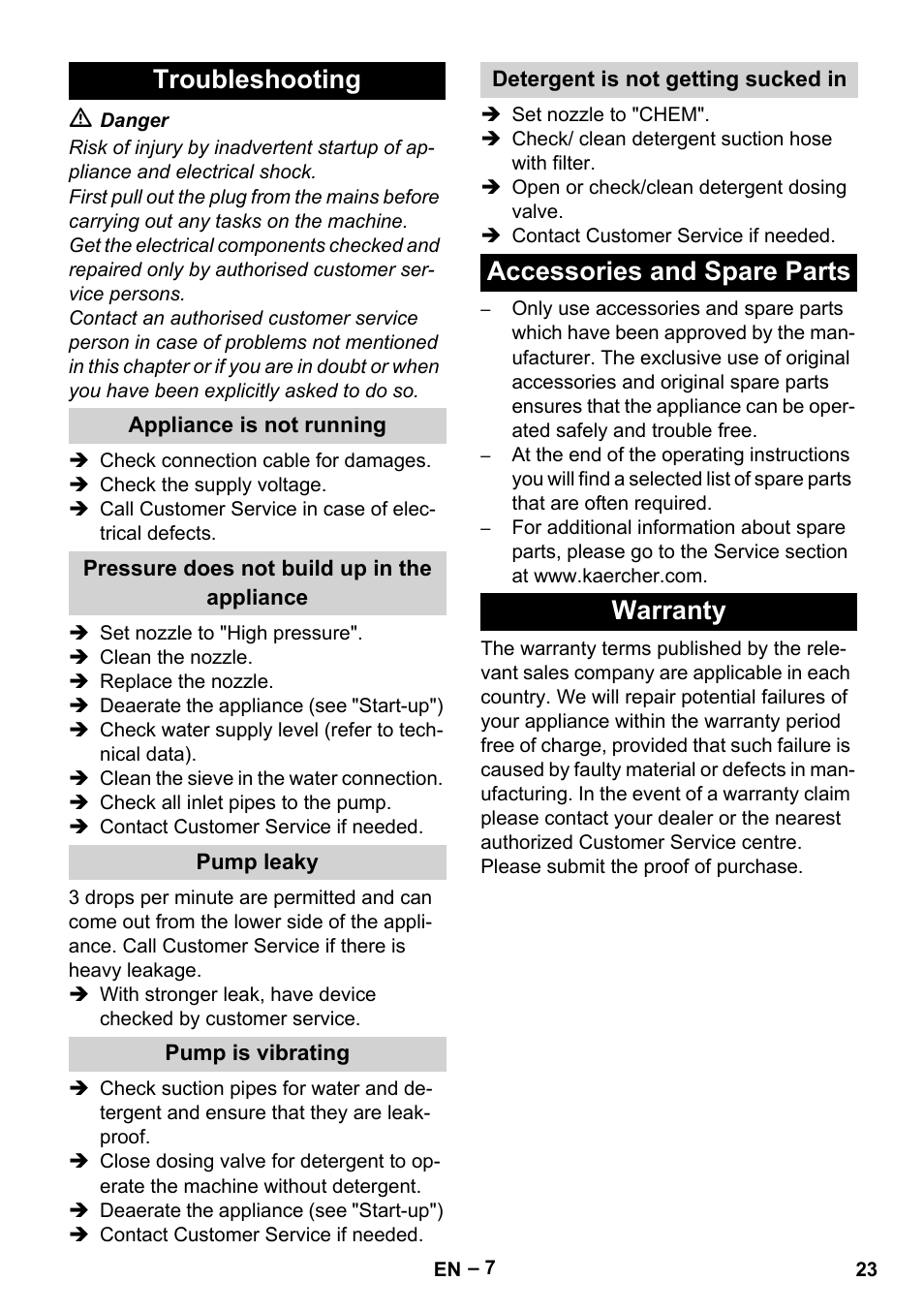 Troubleshooting, Accessories and spare parts warranty | Karcher HD 6-13 C User Manual | Page 23 / 332