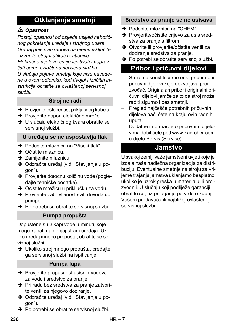 Otklanjanje smetnji, Pribor i pričuvni dijelovi jamstvo | Karcher HD 6-13 C User Manual | Page 230 / 332