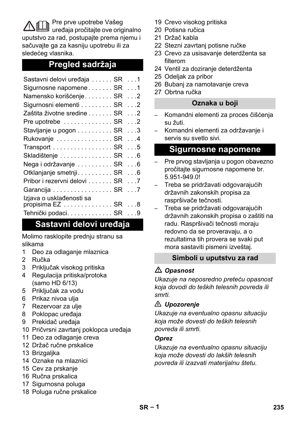 Srpski, Pregled sadržaja, Sastavni delovi uređaja | Sigurnosne napomene | Karcher HD 6-13 C User Manual | Page 235 / 332