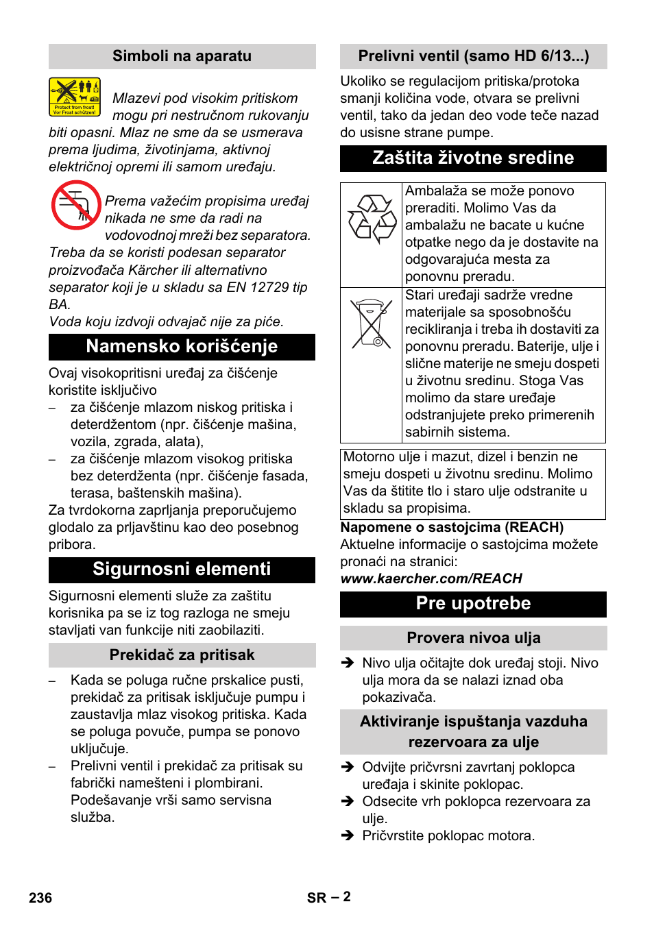 Namensko korišćenje sigurnosni elementi, Zaštita životne sredine, Pre upotrebe | Karcher HD 6-13 C User Manual | Page 236 / 332