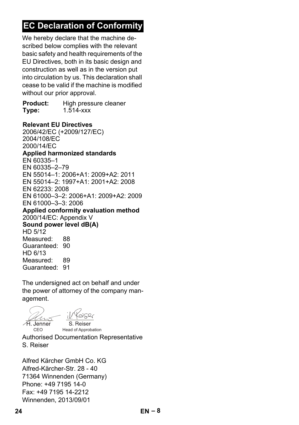 Ec declaration of conformity | Karcher HD 6-13 C User Manual | Page 24 / 332