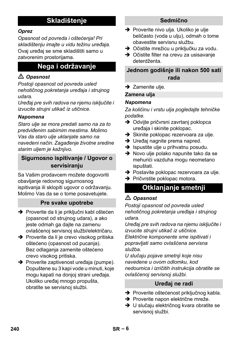 Skladištenje nega i održavanje, Otklanjanje smetnji | Karcher HD 6-13 C User Manual | Page 240 / 332