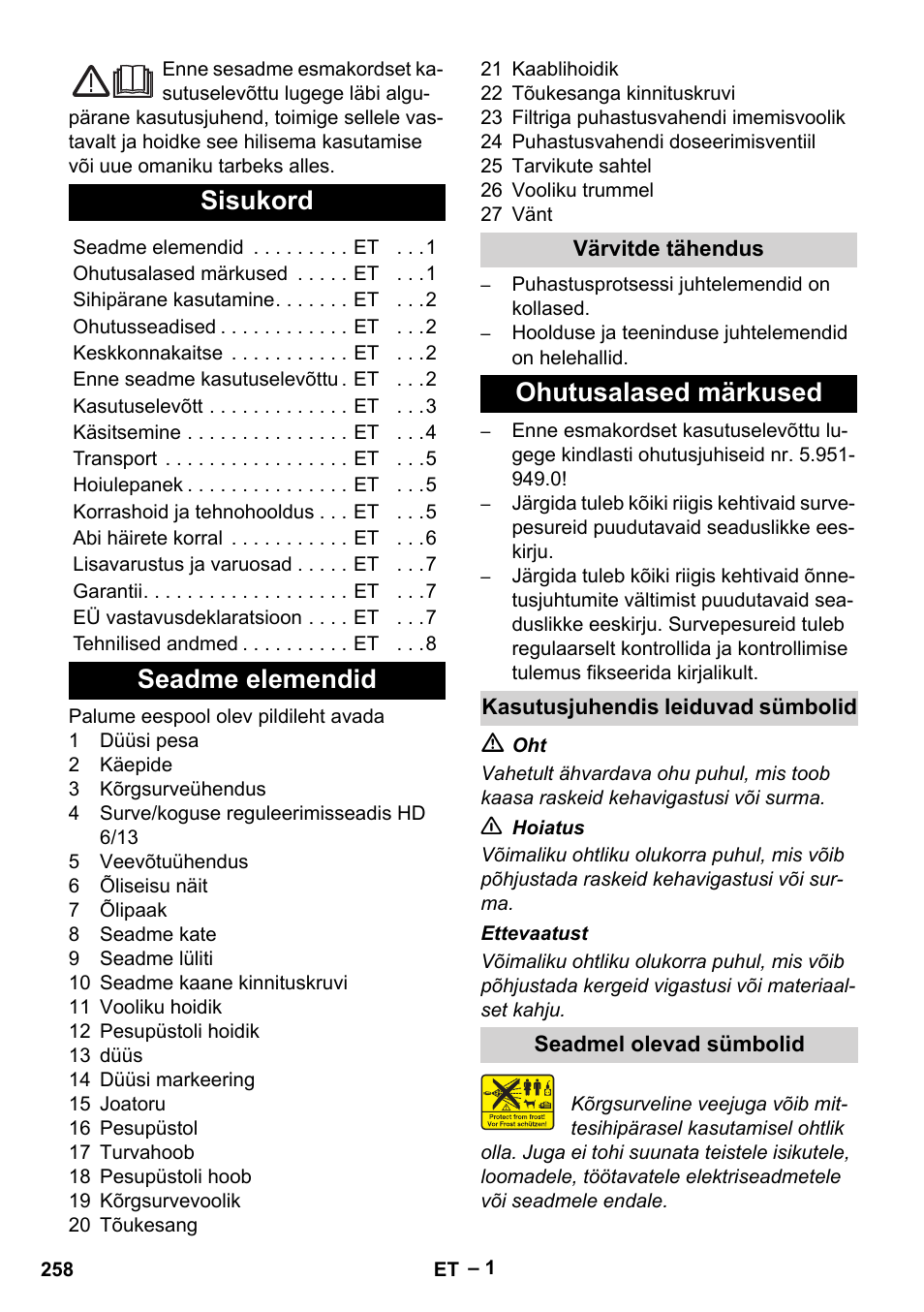 Eesti, Sisukord, Seadme elemendid | Ohutusalased märkused | Karcher HD 6-13 C User Manual | Page 258 / 332