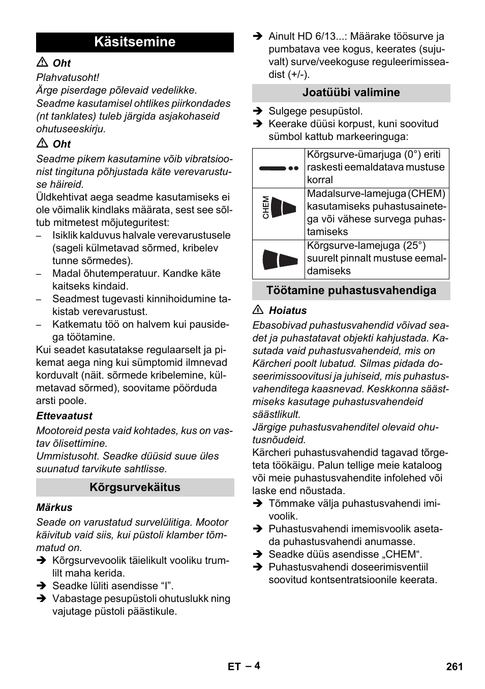 Käsitsemine | Karcher HD 6-13 C User Manual | Page 261 / 332