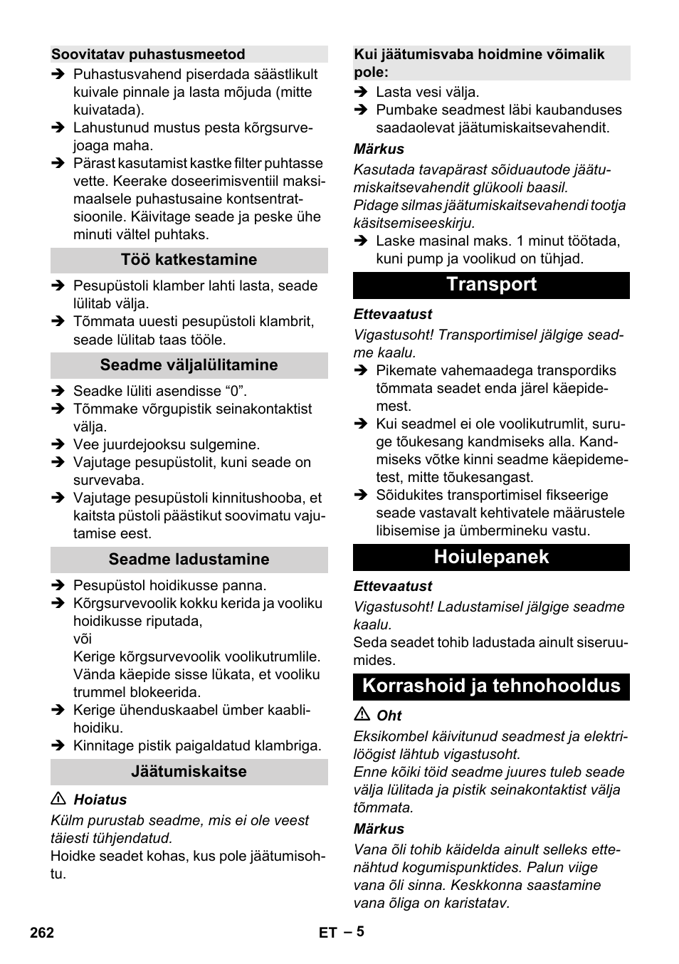 Transport hoiulepanek korrashoid ja tehnohooldus | Karcher HD 6-13 C User Manual | Page 262 / 332