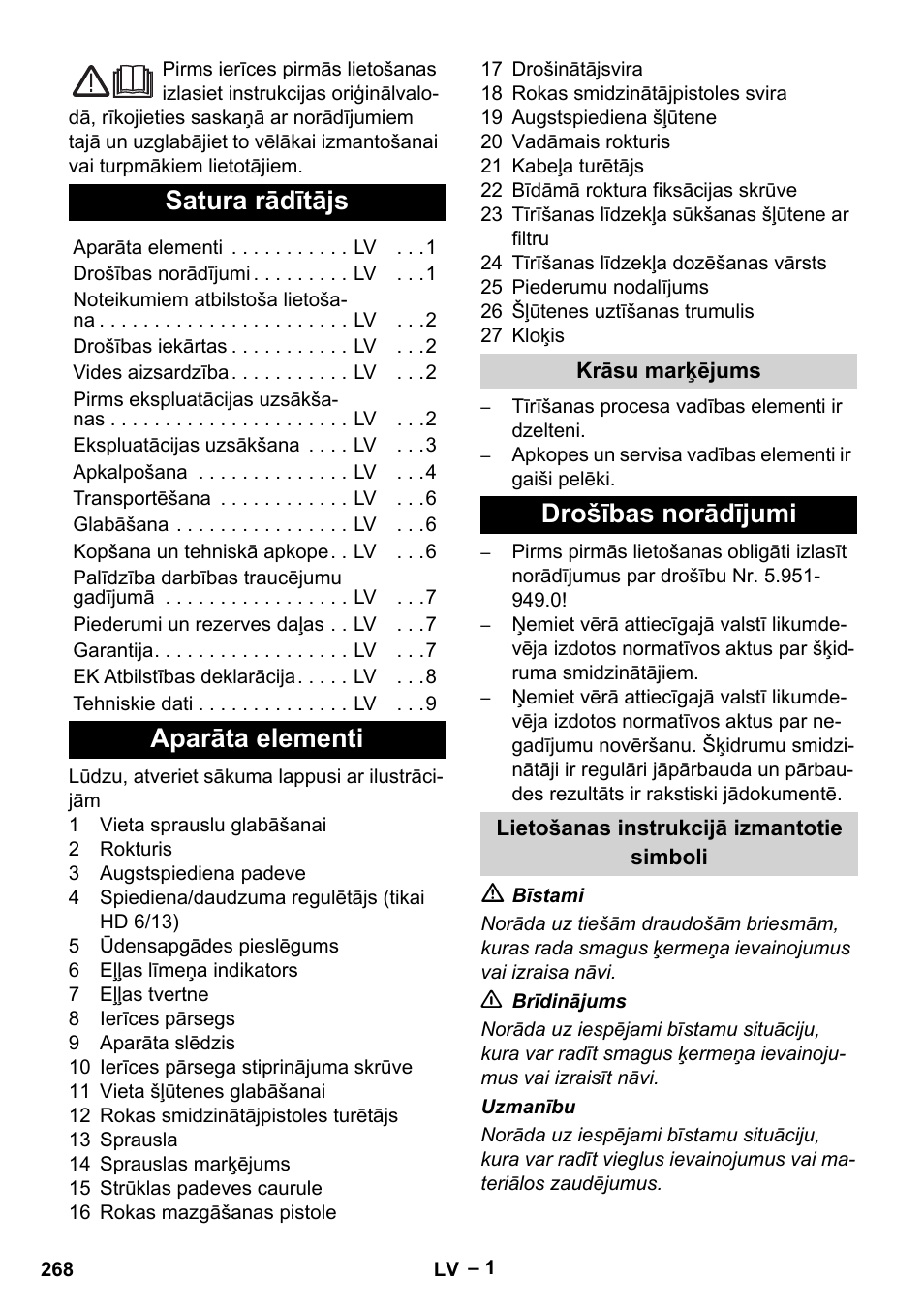 Latviešu, Satura rādītājs, Aparāta elementi | Drošības norādījumi | Karcher HD 6-13 C User Manual | Page 268 / 332