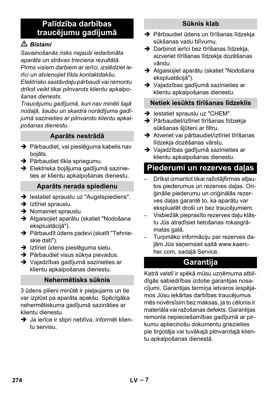 Palīdzība darbības traucējumu gadījumā, Piederumi un rezerves daļas garantija | Karcher HD 6-13 C User Manual | Page 274 / 332