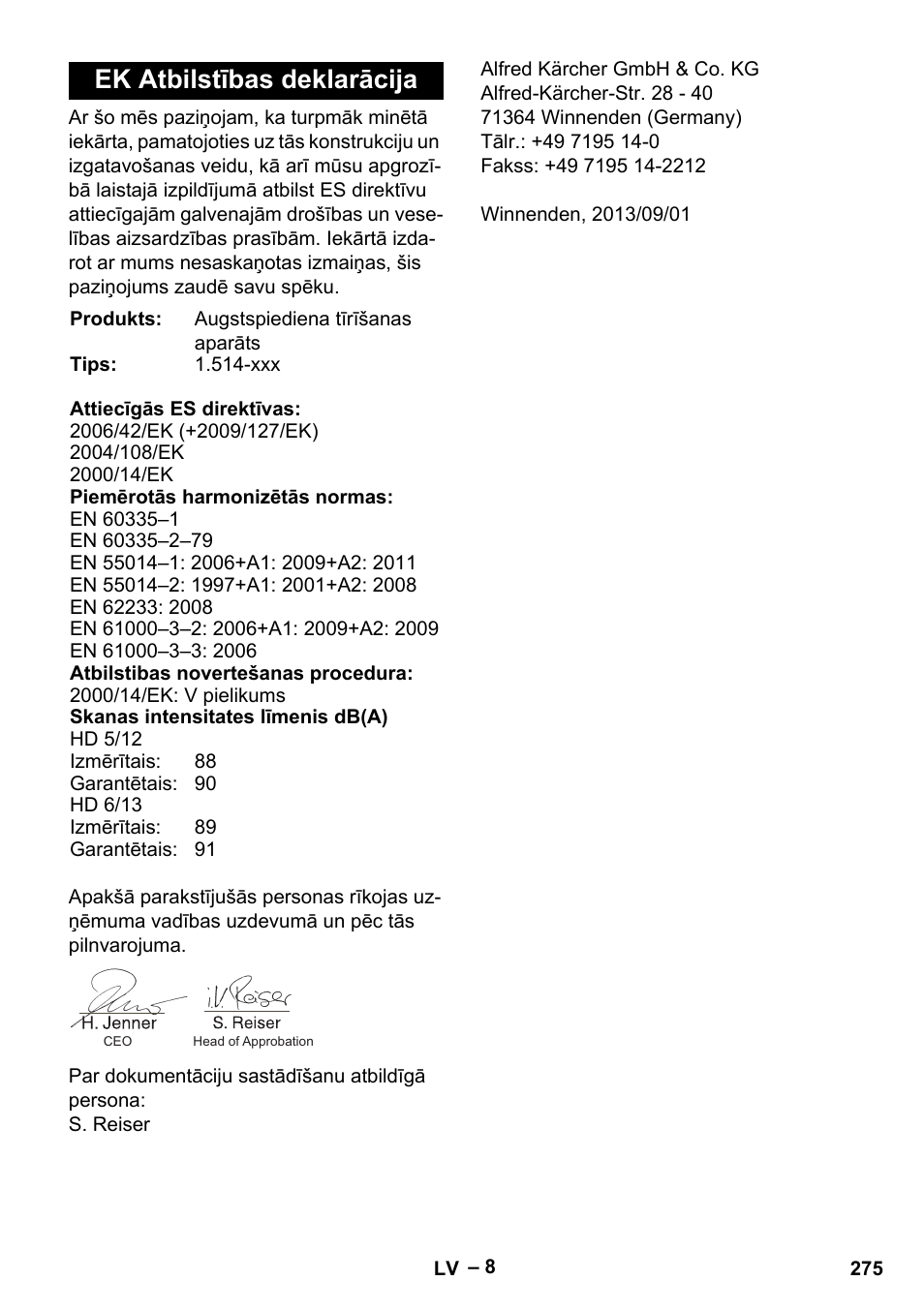 Ek atbilstības deklarācija | Karcher HD 6-13 C User Manual | Page 275 / 332