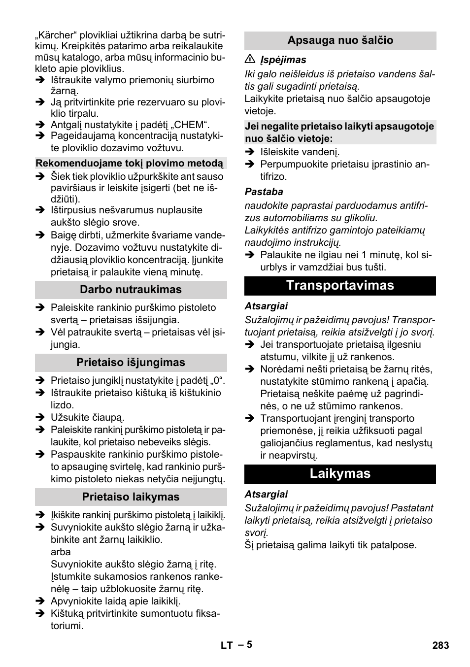 Transportavimas laikymas | Karcher HD 6-13 C User Manual | Page 283 / 332