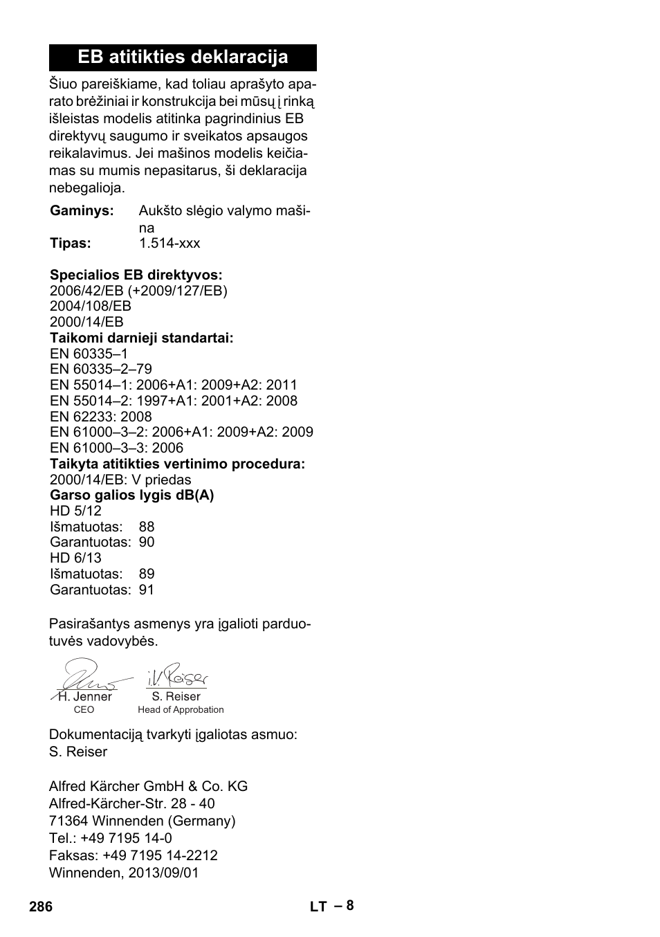 Eb atitikties deklaracija | Karcher HD 6-13 C User Manual | Page 286 / 332