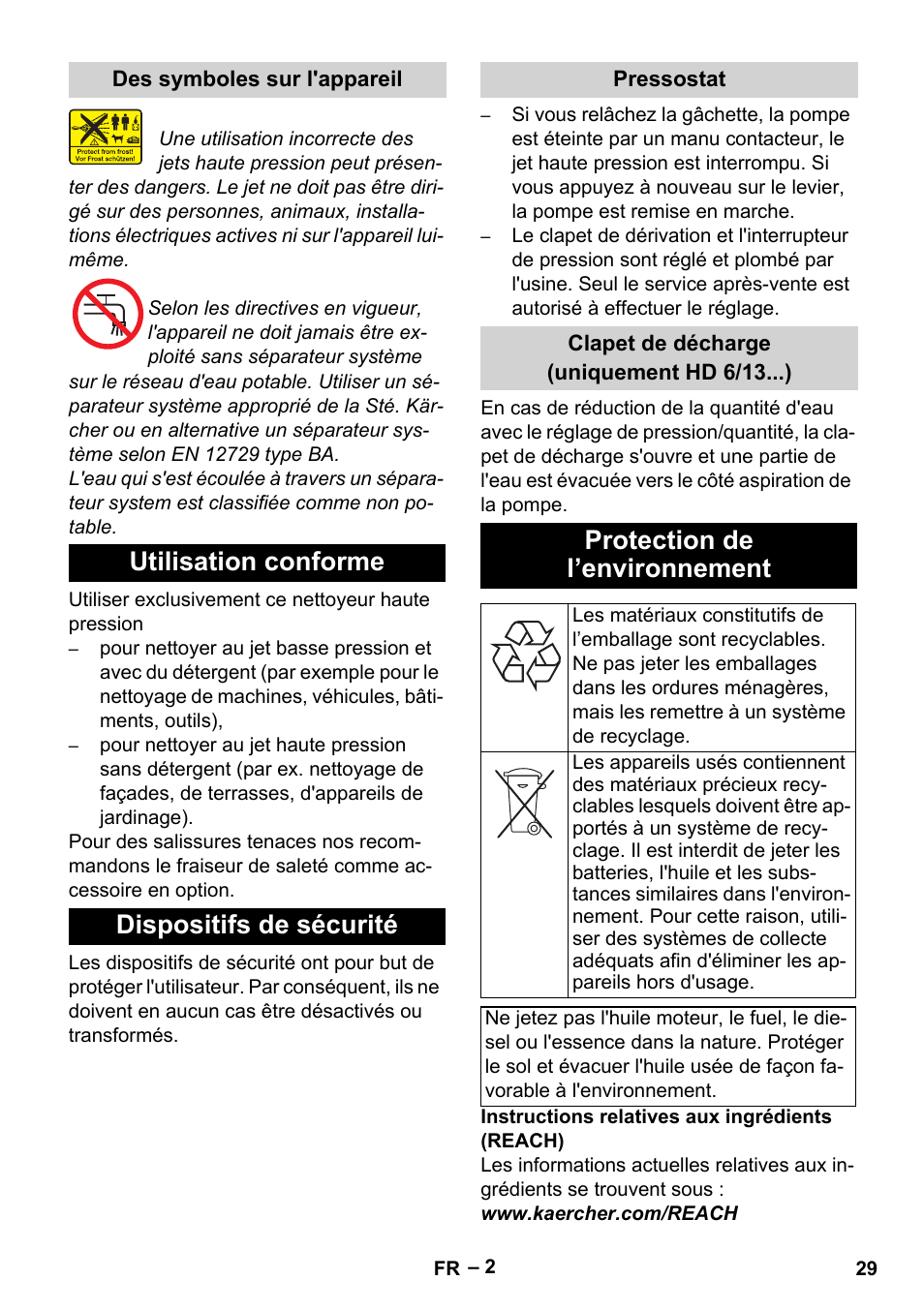 Utilisation conforme dispositifs de sécurité, Protection de l’environnement | Karcher HD 6-13 C User Manual | Page 29 / 332