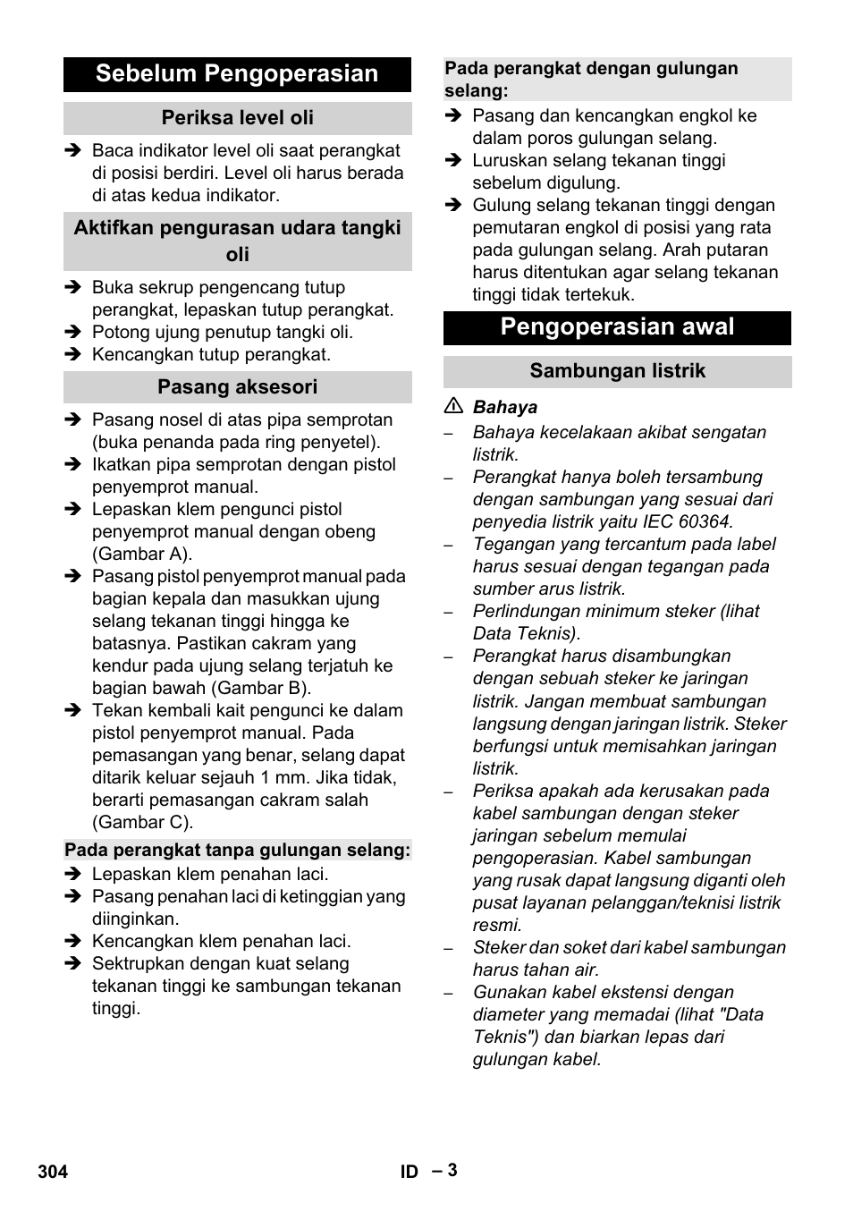 Sebelum pengoperasian, Pengoperasian awal | Karcher HD 6-13 C User Manual | Page 304 / 332