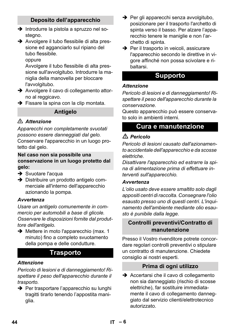 Trasporto supporto cura e manutenzione | Karcher HD 6-13 C User Manual | Page 44 / 332