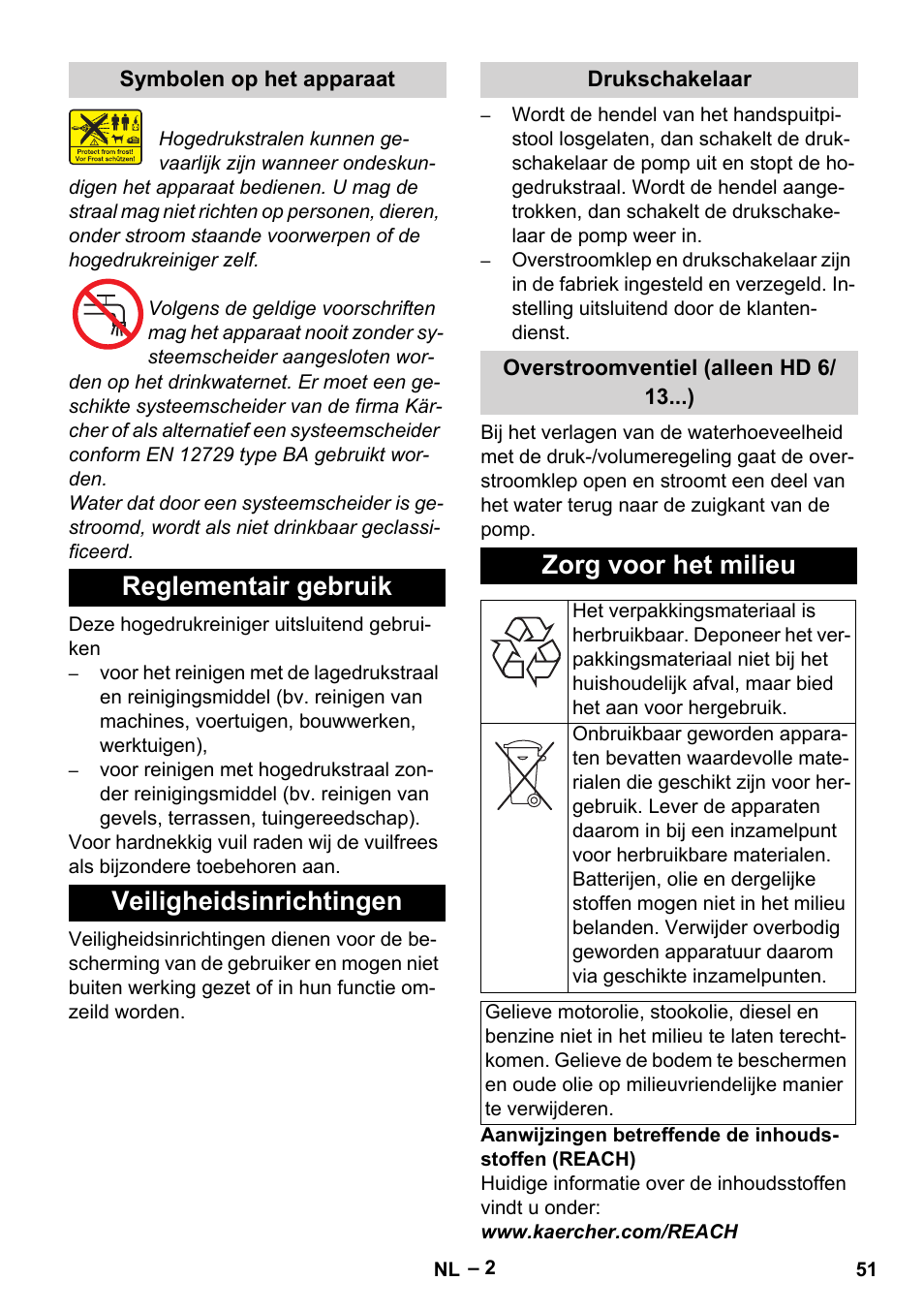 Reglementair gebruik veiligheidsinrichtingen, Zorg voor het milieu | Karcher HD 6-13 C User Manual | Page 51 / 332