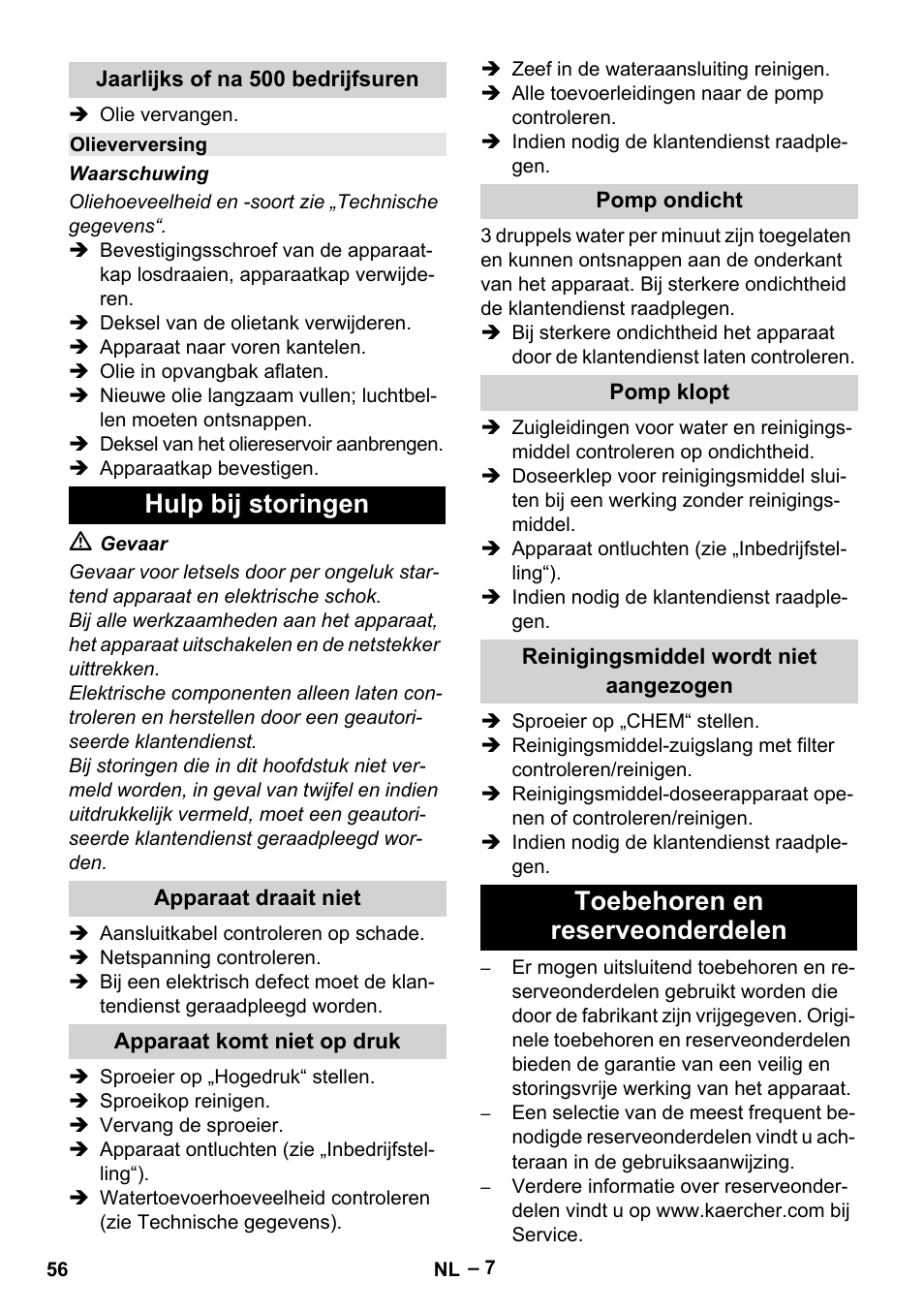 Hulp bij storingen, Toebehoren en reserveonderdelen | Karcher HD 6-13 C User Manual | Page 56 / 332