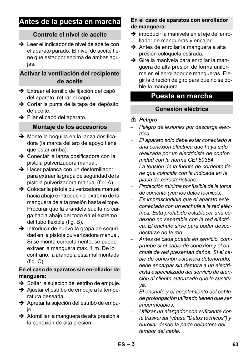 Antes de la puesta en marcha, Puesta en marcha | Karcher HD 6-13 C User Manual | Page 63 / 332