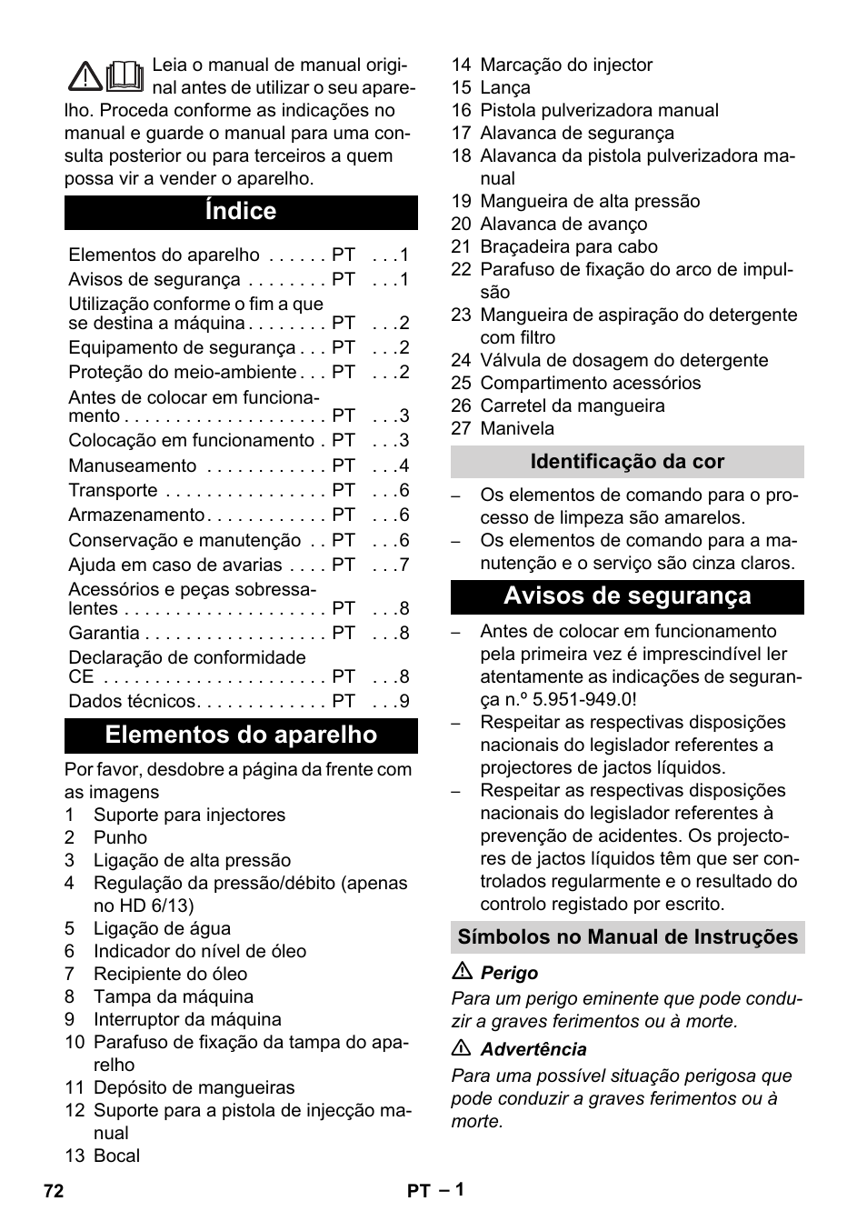 Português, Índice, Elementos do aparelho | Avisos de segurança | Karcher HD 6-13 C User Manual | Page 72 / 332